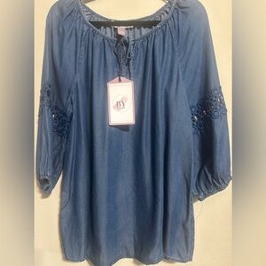 NEW - By Design - Blaze Lyocell 3/4 Sleeve Tie Front Peasant Blouse in Dark Blue
